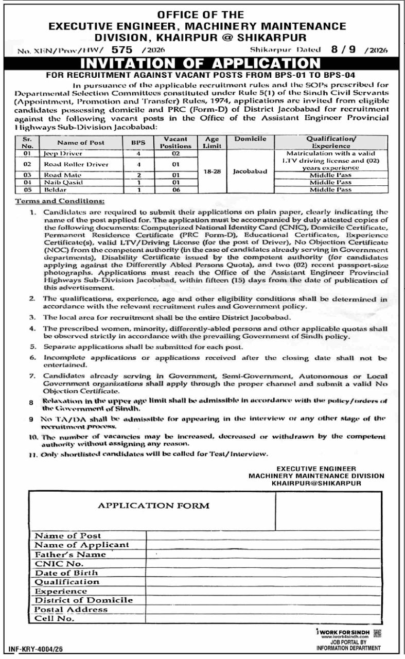 Machinery Maintenance Division, Khairpur Jacobabad) Jobs – Office of the Executive Engineer, Machinery Maintenance Division, Khairpur @ Shikarpur (Assistant Engineer Provincial Highways Sub-Division Jacobabad) Jobs 2026 — original newspaper advertisement