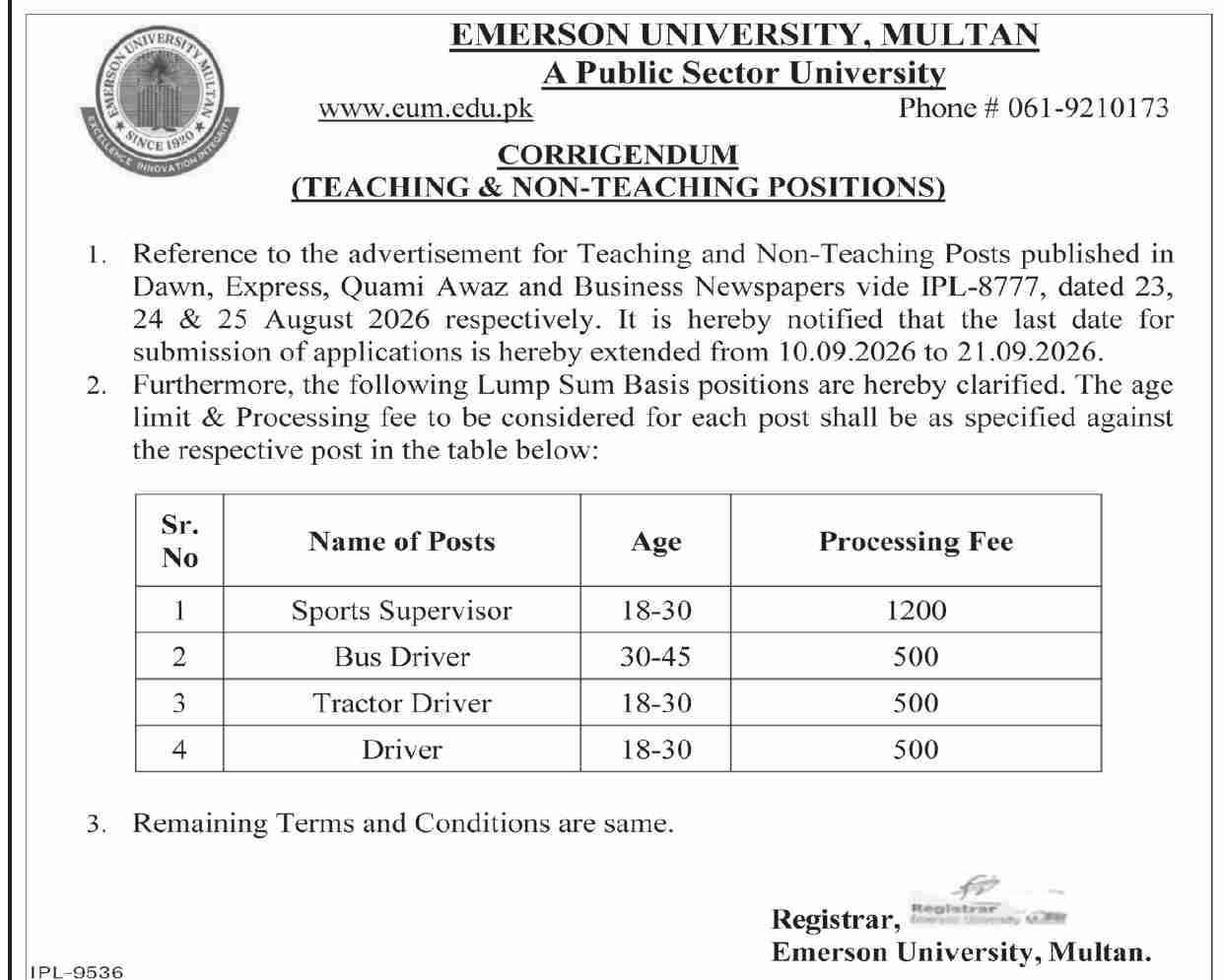 Corrigendum - Teaching & Non-Teaching Positions – Emerson University, Multan Jobs 2026 — original newspaper advertisement