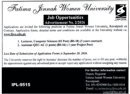 Fatima Jinnah Women University Jobs 2026 Jobs 2026 — original newspaper advertisement