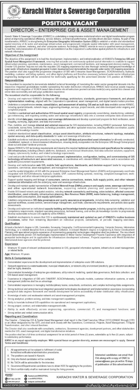 Karachi Water & Sewerage Corporation (KW&SC) Jobs Jobs 2026 — original newspaper advertisement