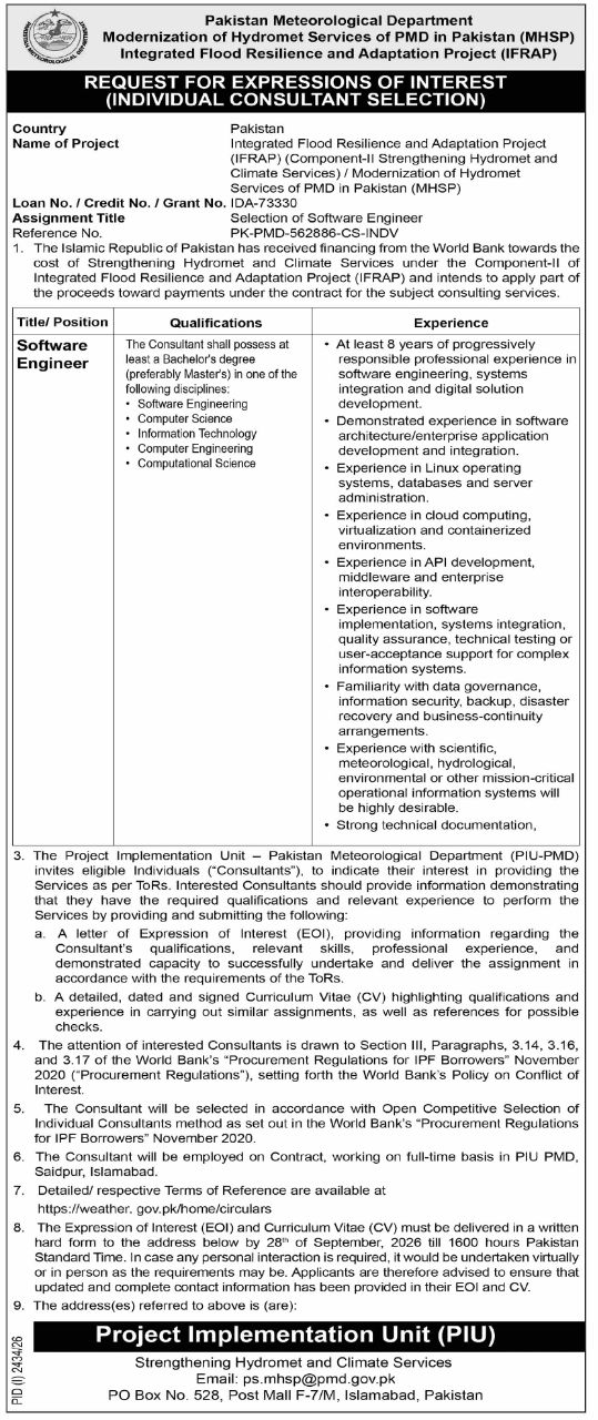 Pakistan Meteorological Department (PMD) - Project Implementation Unit (PIU), Modernization of Hydromet Services of PMD in Pakistan (MHSP) Jobs – Pakistan Meteorological Department (PMD) - Project Implementation Unit (PIU), Modernization of Hydromet Services of PMD in Pakistan (MHSP) / Integrated Flood Resilience and Adaptation Project (IFRAP) Jobs 2026 — original newspaper advertisement
