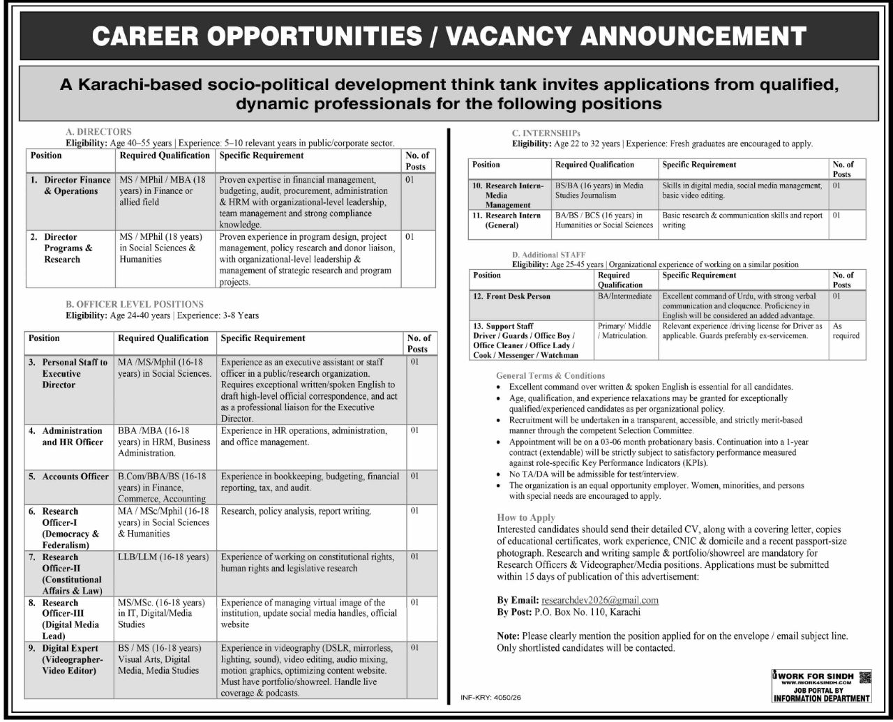 Karachi-based socio-political Jobs 2026 – A Karachi-based socio-political development think tank Jobs 2026 — original newspaper advertisement