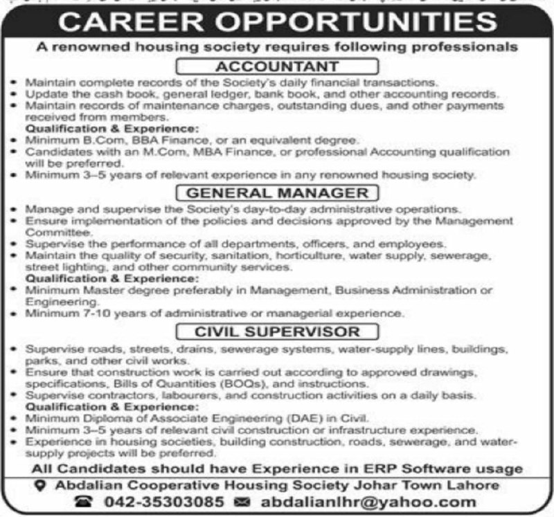 Abdalian Cooperative Housing Society Jobs 2026 Jobs 2026 — original newspaper advertisement
