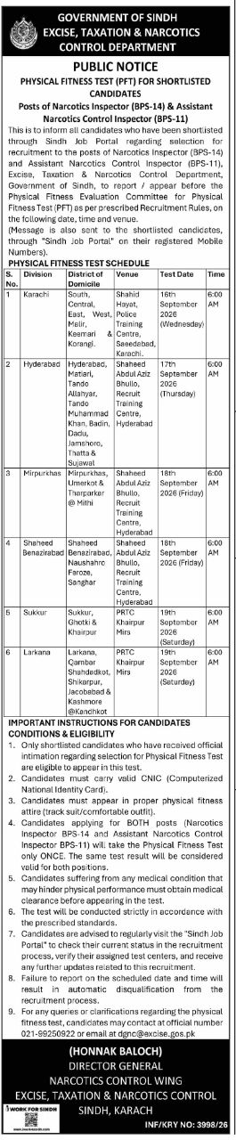 Physical Fitness Test (PFT) for Shortlisted Candidates - Posts of Narcotics Inspector (BPS-14) & Assistant Narcotics Control Inspector (BPS-11) – Government of Sindh, Excise, Taxation & Narcotics Control Department Jobs 2026 — original newspaper advertisement
