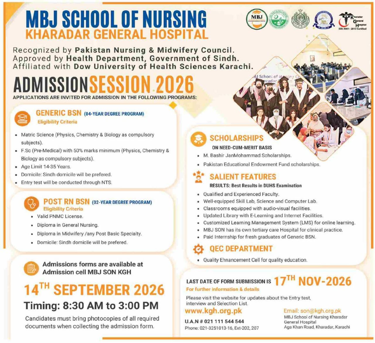 Admission Session 2026 - MBJ School of Nursing, Kharadar General Hospital Admissions 2026 — original newspaper advertisement