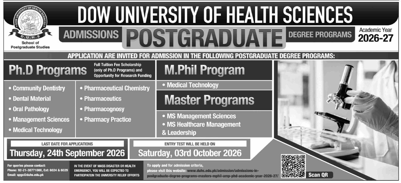 Admissions Open - Postgraduate Degree Programs Academic Year 2026-27 – Dow University of Health Sciences (DUHS) - School of Postgraduate Studies Admissions 2026 — original newspaper advertisement