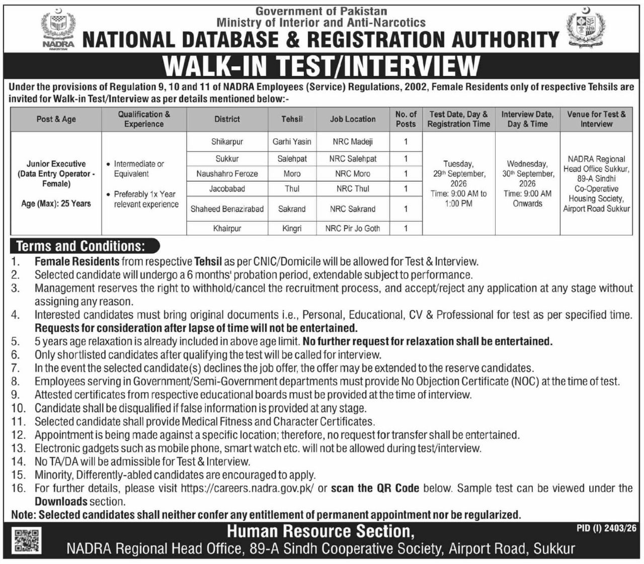 Walk-In Test/Interview National Database & Registration Authority (NADRA), Government of Pakistan, Ministry of Interior and Anti-Narcotics 2026 Jobs 2026 — original newspaper advertisement