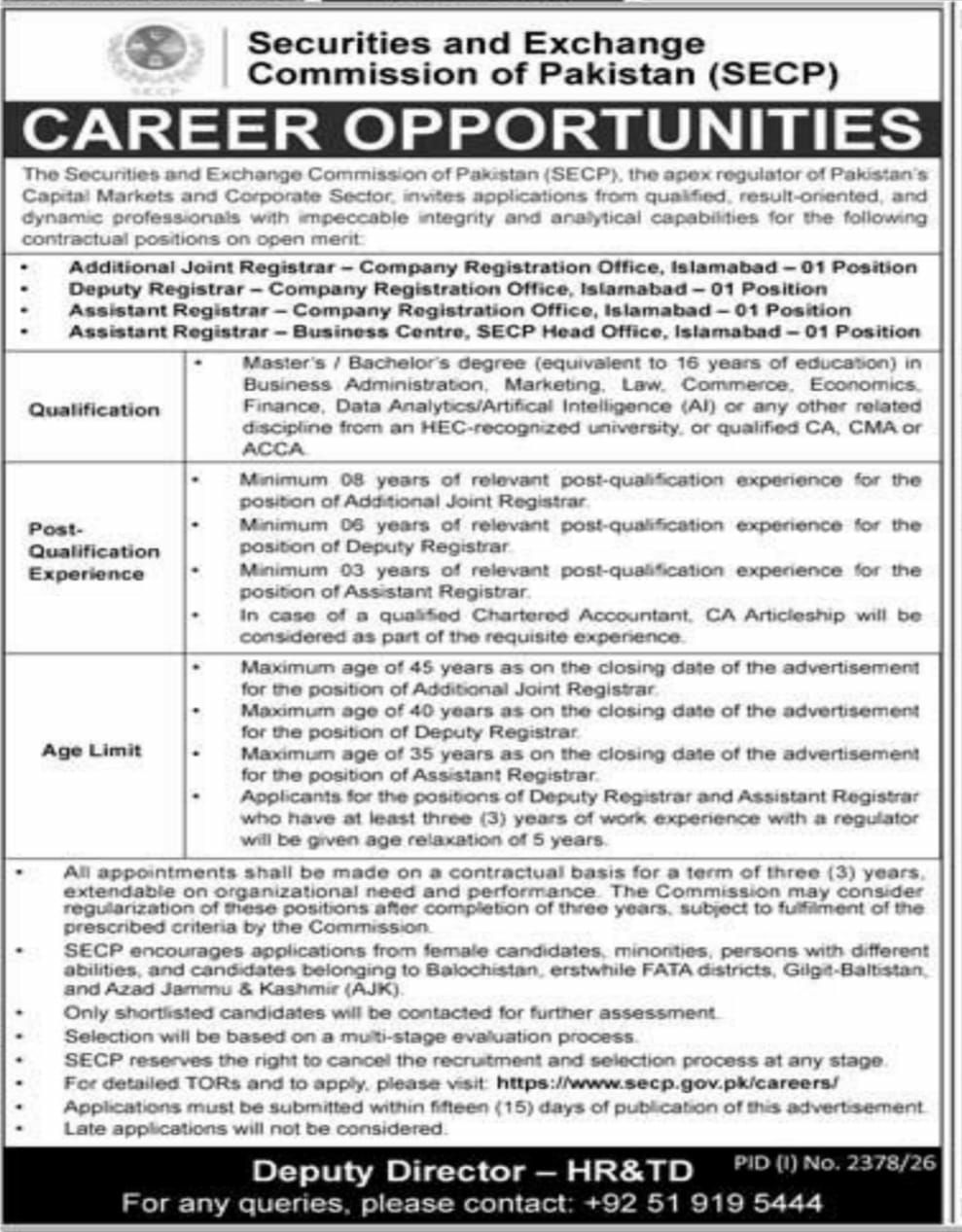 Securities and Exchange Commission of Pakistan (SECP) Jobs 2026 Jobs 2026 — original newspaper advertisement