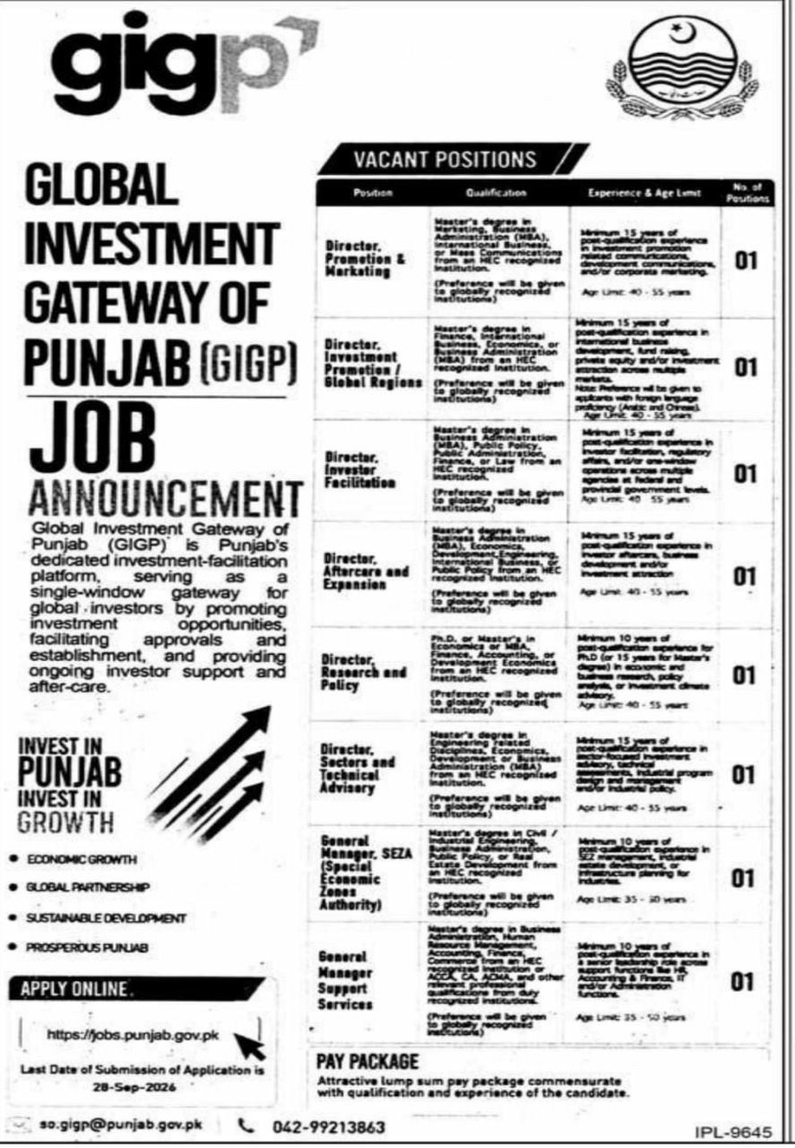 Global Investment Gateway of Punjab (GIGP) Job 2026 Jobs 2026 — original newspaper advertisement