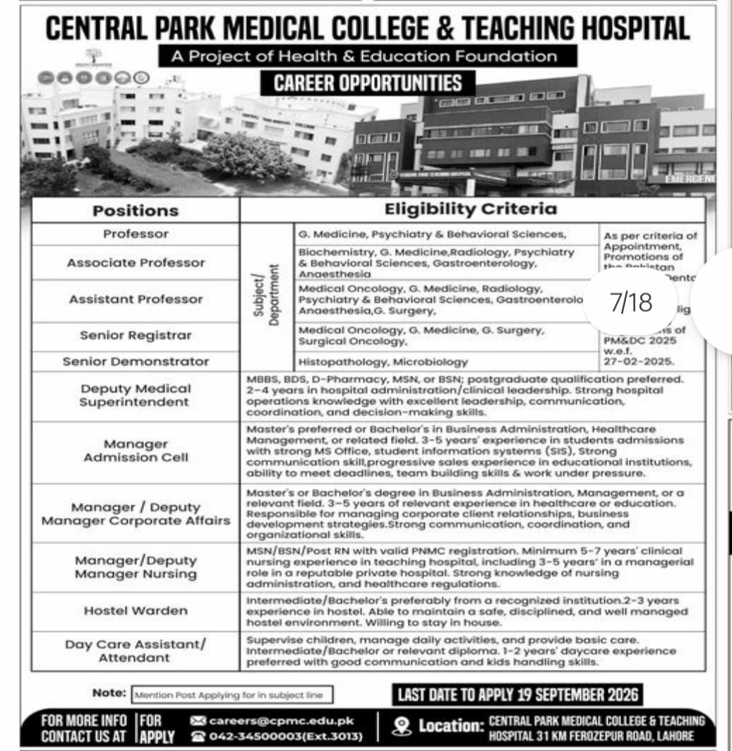 Central Park Medical College & Teaching Hospital (A Project of Health & Education Foundation) Jobs 2026 Jobs 2026 — original newspaper advertisement