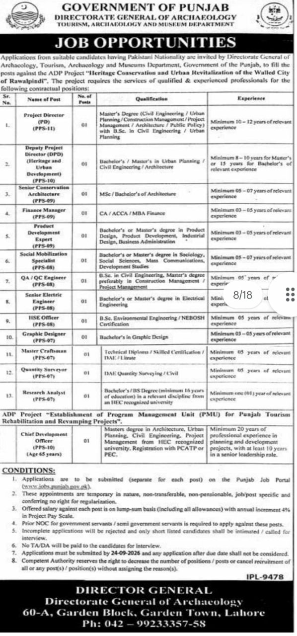 Directorate General of Archaeology, Tourism, Archaeology and Museum Department Jobs 2026 – Government of Punjab, Directorate General of Archaeology, Tourism, Archaeology and Museum Department Jobs 2026 — original newspaper advertisement