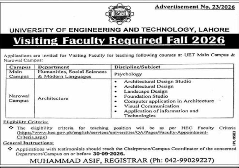 University of Engineering and Technology, Lahore Jobs 2026 Jobs 2026 — original newspaper advertisement