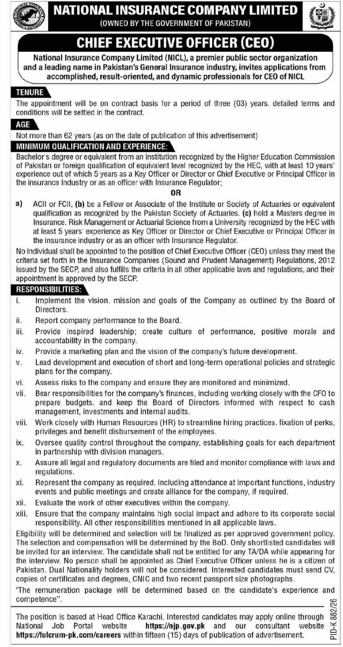 National Insurance Company Limited (NICL) Jobs 2026 – National Insurance Company Limited (NICL) - Owned by the Government of Pakistan Jobs 2026 — original newspaper advertisement