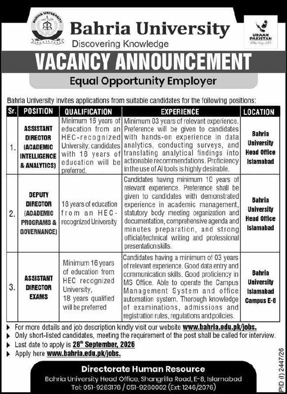 Bahria University Islamabad Jobs 2026 Jobs 2026 — original newspaper advertisement