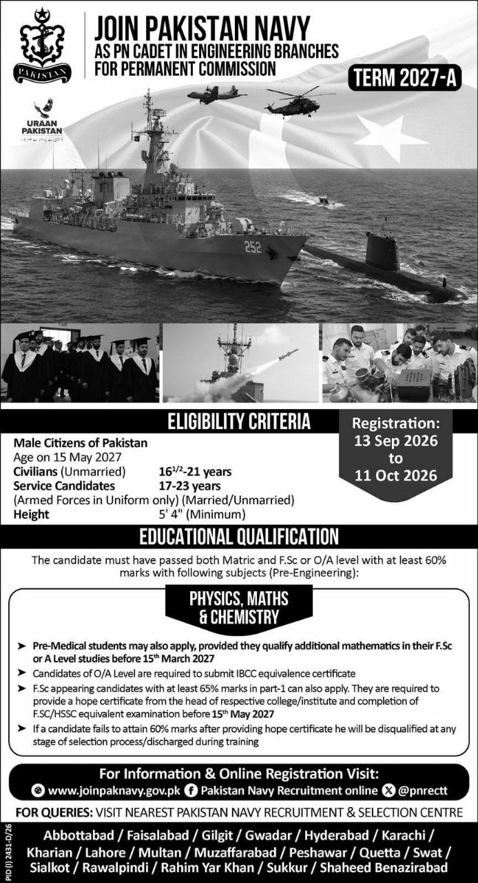 Join Pakistan Navy as PN Cadet in Engineering Branches for Permanent Commission - Term 2027-A Jobs 2026 — original newspaper advertisement