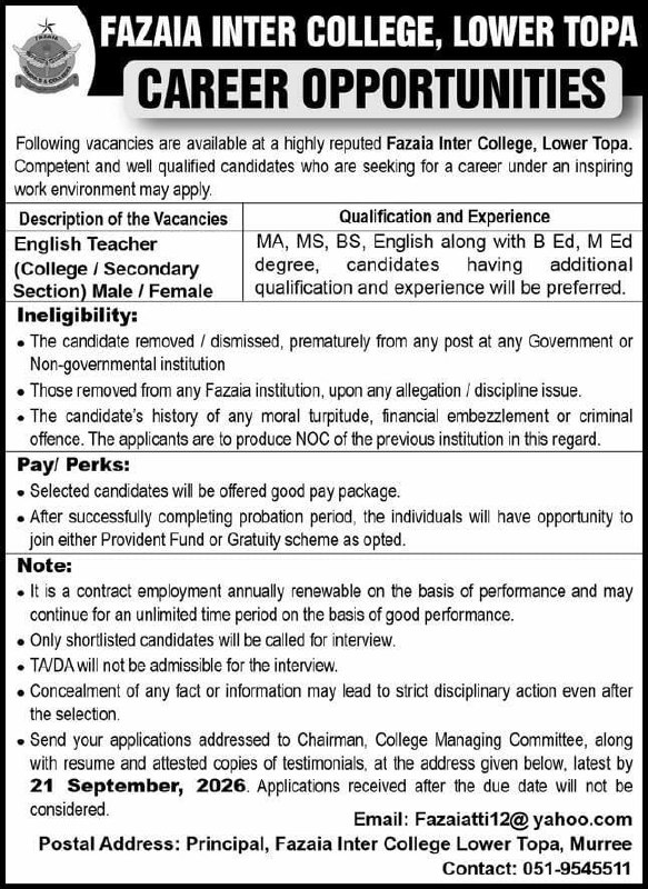 Fazaia Inter College, Lower Topa Jobs 2026 Jobs 2026 — original newspaper advertisement