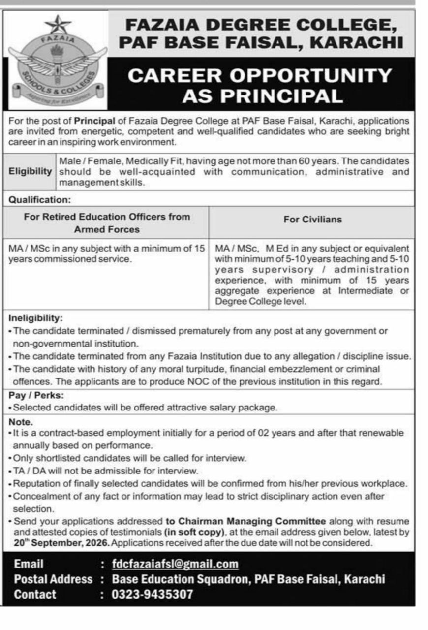 Fazaia Degree College, PAF Base Faisal, Karachi Jobs Jobs 2026 — original newspaper advertisement