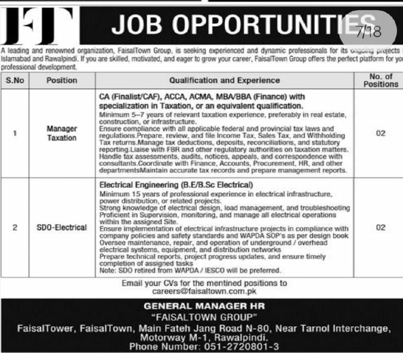 FaisalTown Group Jobs 2026 Jobs 2026 — original newspaper advertisement
