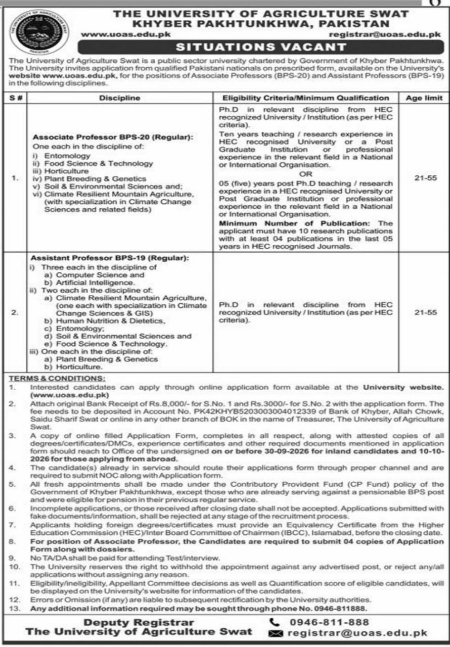 The University of Agriculture Swat, Khyber Pakhtunkhwa Jobs 2026 – The University of Agriculture Swat, Khyber Pakhtunkhwa, Pakistan Jobs 2026 — original newspaper advertisement