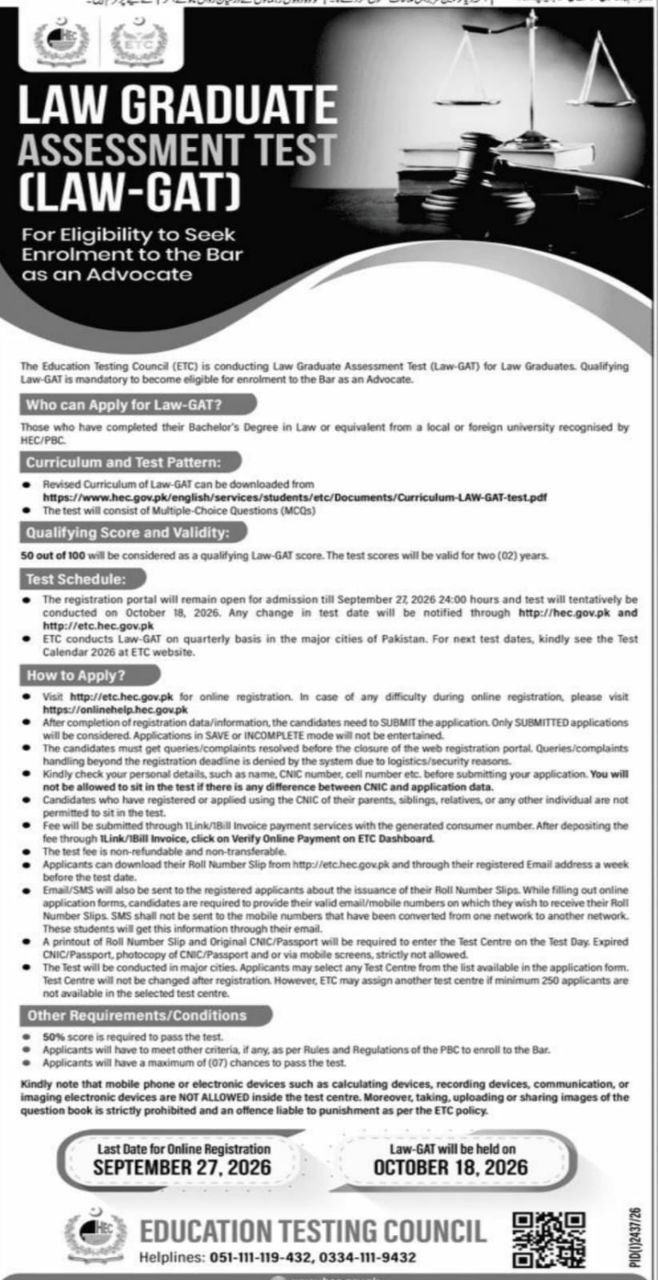 Law Graduate Assessment Test (LAW-GAT) - For Eligibility to Seek Enrolment to the Bar as an Advocate – Education Testing Council (ETC) Admissions 2026 — original newspaper advertisement