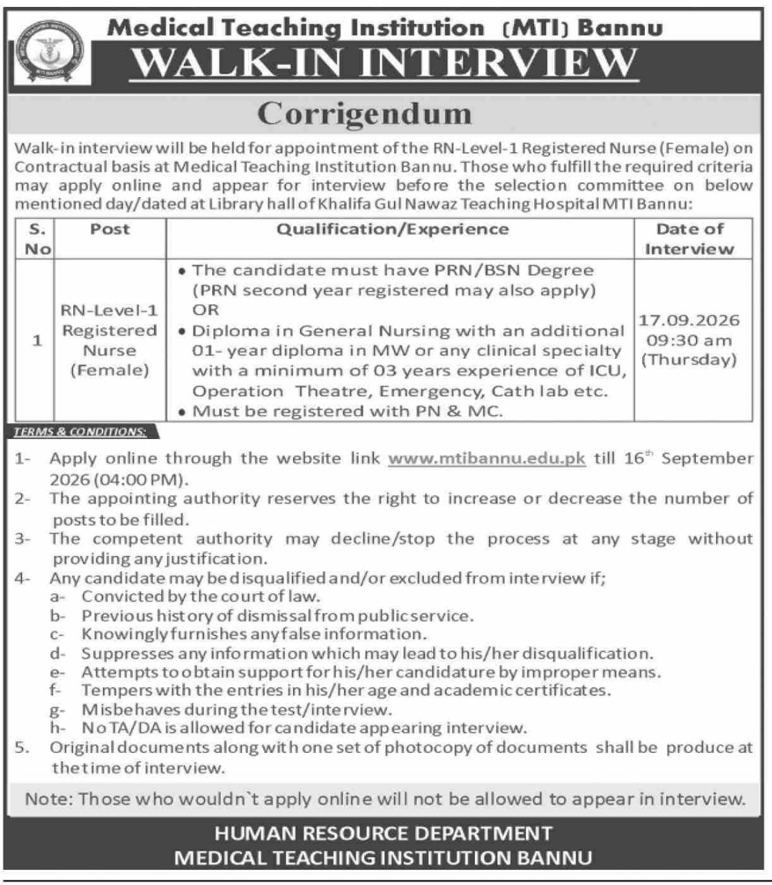 Walk-In Interview – Corrigendum for RN-Level-1 Registered Nurse (Female) – Medical Teaching Institution (MTI) Bannu – Human Resource Department Jobs 2026 — original newspaper advertisement