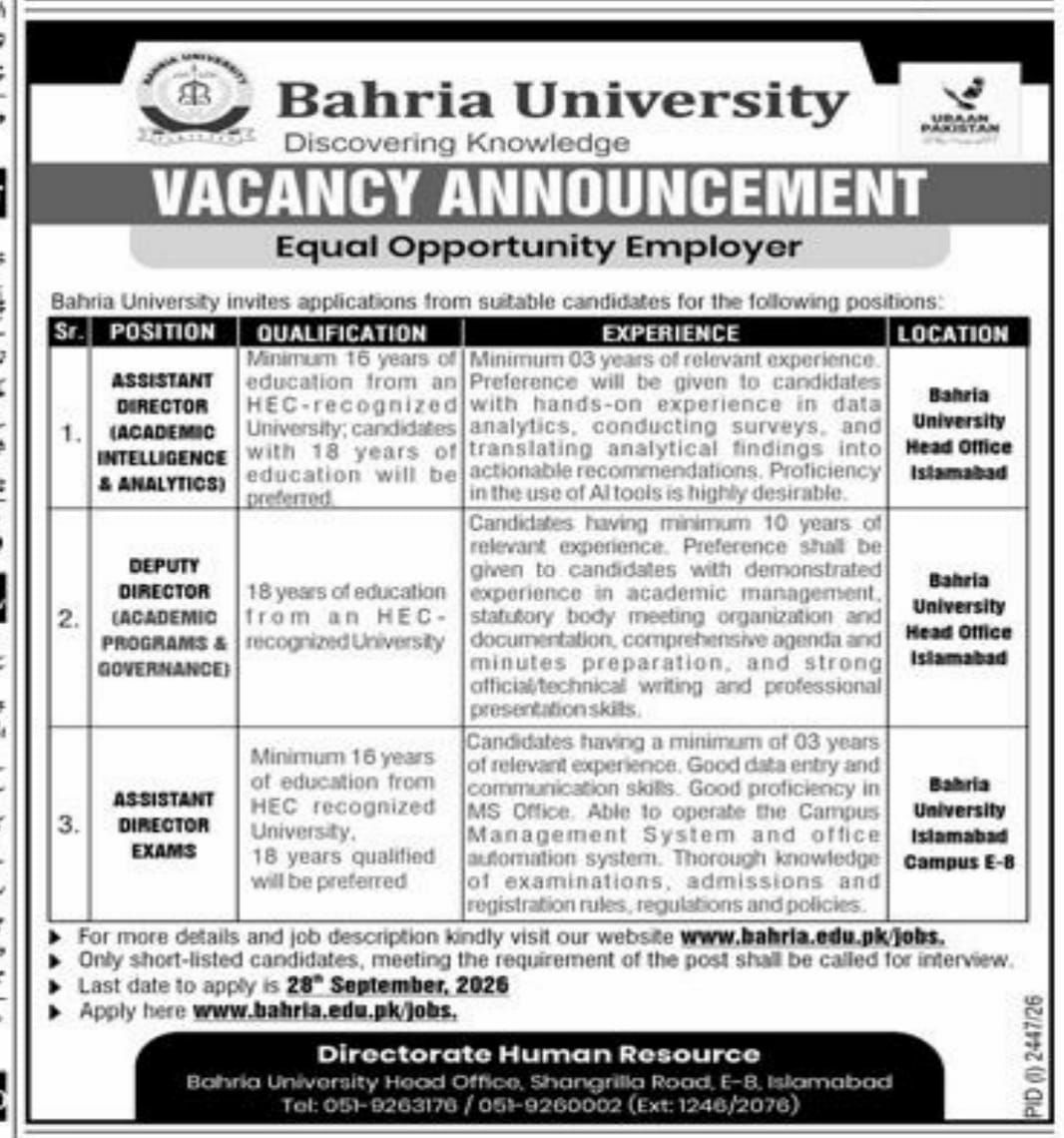 Bahria University Islamabad Jobs 2026 Jobs 2026 — original newspaper advertisement