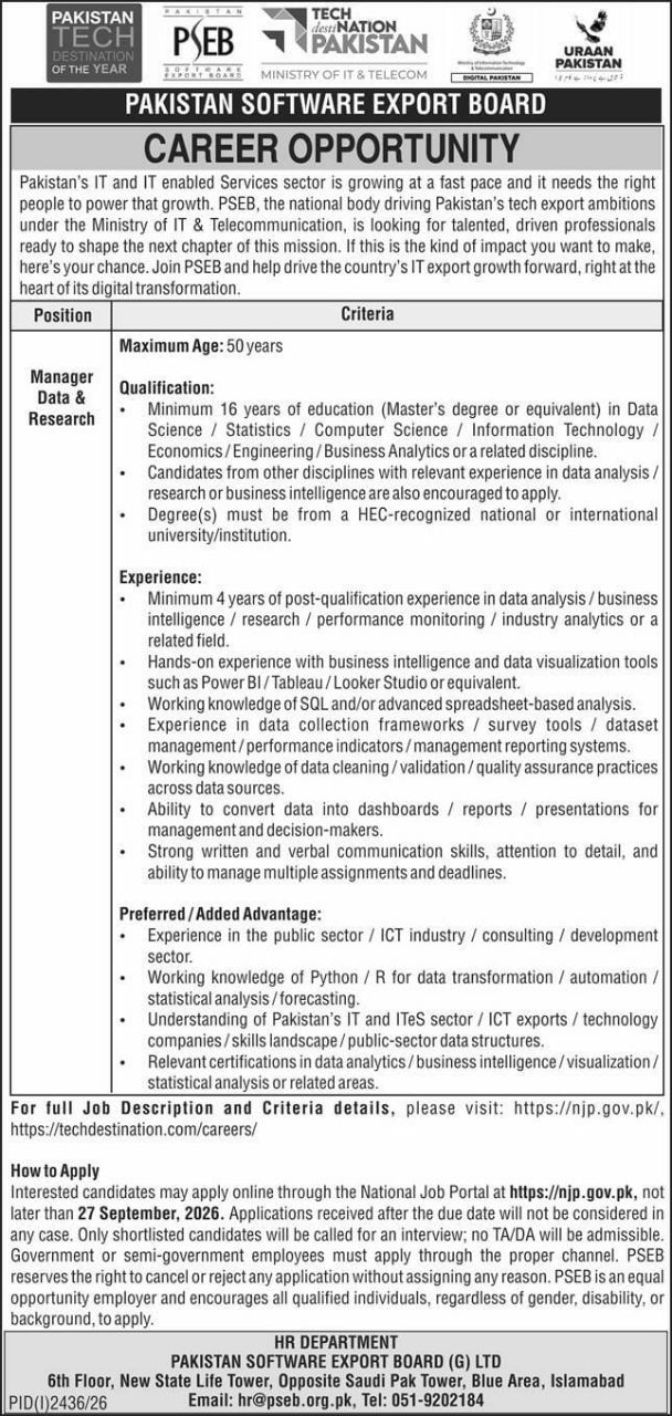 Pakistan Software Export Board (PSEB) (G) Ltd Jobs 2026 Jobs 2026 — original newspaper advertisement