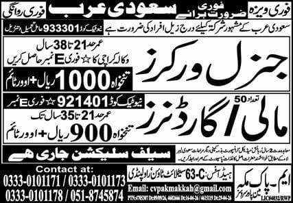 General Workers And Mali / Gardeners Jobs in Saudi Arabia – M/s Pak Makkah (Pvt) Ltd Jobs 2026 — original newspaper advertisement