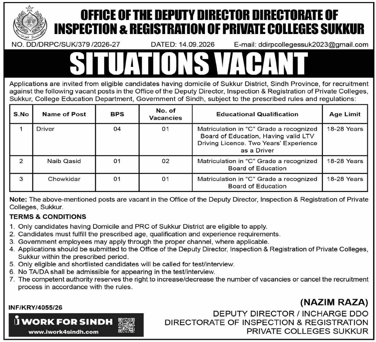 Office of the Deputy Director, Directorate of Inspection & Registration of Private Colleges, Sukkur, College Education Department Jobs – Office of the Deputy Director, Directorate of Inspection & Registration of Private Colleges, Sukkur, College Education Department, Government of Sindh Jobs 2026 — original newspaper advertisement