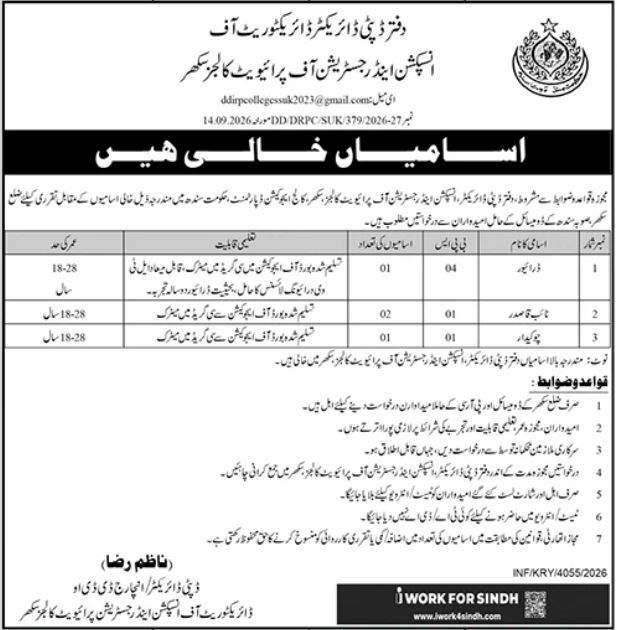 Directorate of Inspection and Registration of Private Colleges, Sukkur Jobs 2026 – Office of the Deputy Director, Directorate of Inspection and Registration of Private Colleges, Sukkur Jobs 2026 — original newspaper advertisement