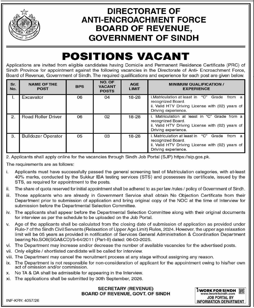 Directorate of Anti-Encroachment Force, Board of Revenue, Jobs – Directorate of Anti-Encroachment Force, Board of Revenue, Government of Sindh Jobs 2026 — original newspaper advertisement