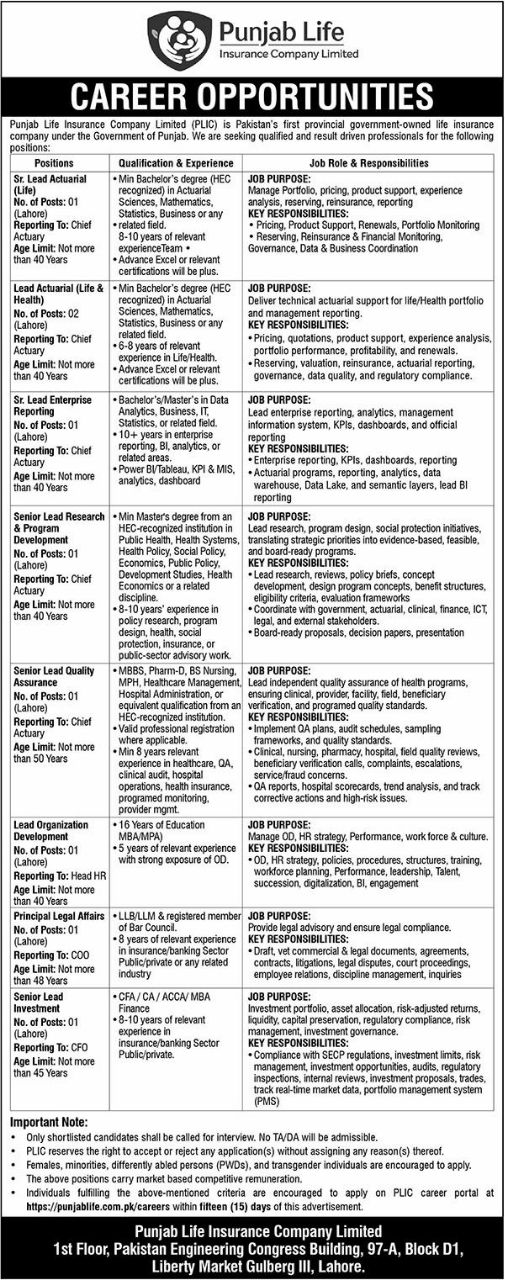 Punjab Life Insurance Company Limited (PLIC) Jobs Jobs 2026 — original newspaper advertisement