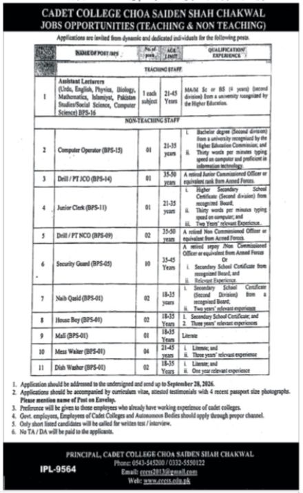 Cadet College Choa Saiden Shah Chakwal Jobs 2026 Jobs 2026 — original newspaper advertisement