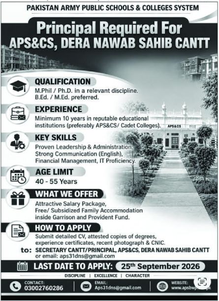 Principal Required for APS&CS, Dera Nawab Sahib Cantt Jobs – Pakistan Army Public Schools & Colleges System (APS&CS), Dera Nawab Sahib Cantt Jobs 2026 — original newspaper advertisement