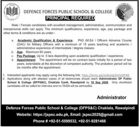 Defence Forces Public School & College (DFPS&C), Chaklala, Rawalpindi Jobs 2026 Jobs 2026 — original newspaper advertisement