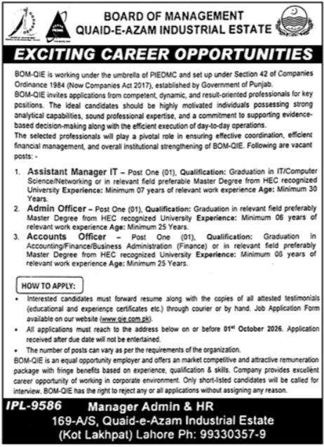 Board of Management, Quaid-e-Azam Industrial Estate (BOM-QIE) Jobs Jobs 2026 — original newspaper advertisement