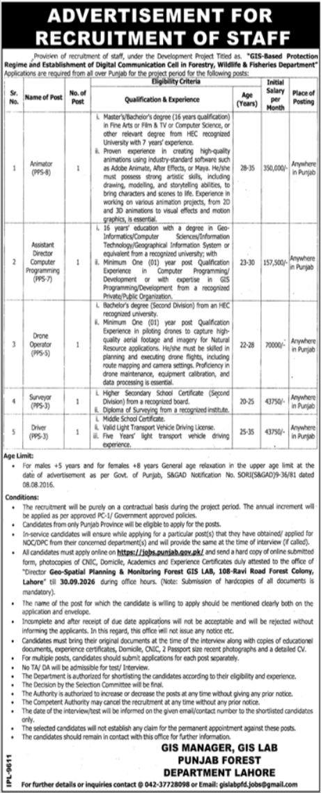Punjab Forest Department Lahore Jobs 2026 – GIS Manager, GIS Lab, Punjab Forest Department Lahore Jobs 2026 — original newspaper advertisement