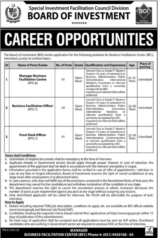 Board of Investment Jobs 2026 – Special Investment Facilitation Council Division, Board of Investment (BOI) Jobs 2026 — original newspaper advertisement