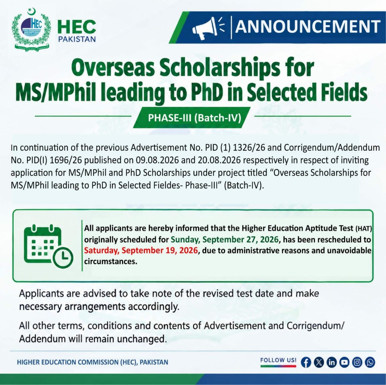 Overseas Scholarships for MS/MPhil leading to PhD in Selected Fields - Phase-III (Batch-IV) – Higher Education Commission (HEC), Pakistan Scholarships 2026 — original newspaper advertisement