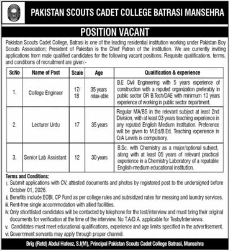 Pakistan Scouts Cadet College Batrasi, Mansehra Jobs 2026 Jobs 2026 — original newspaper advertisement