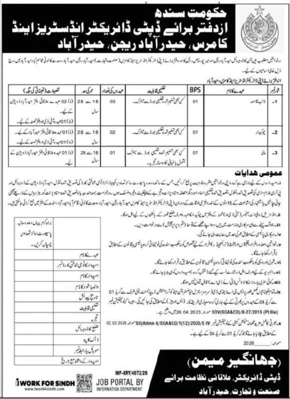 Deputy Director, Regional Management for Industry, Trade and Commerce, Hyderabad Jobs 2026 – Government of Sindh – Office of Deputy Director, Regional Management for Industry, Trade and Commerce, Hyderabad Jobs 2026 — original newspaper advertisement