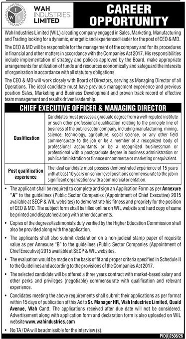 Wah Industries Limited (WIL) Jobs 2026 Jobs 2026 — original newspaper advertisement
