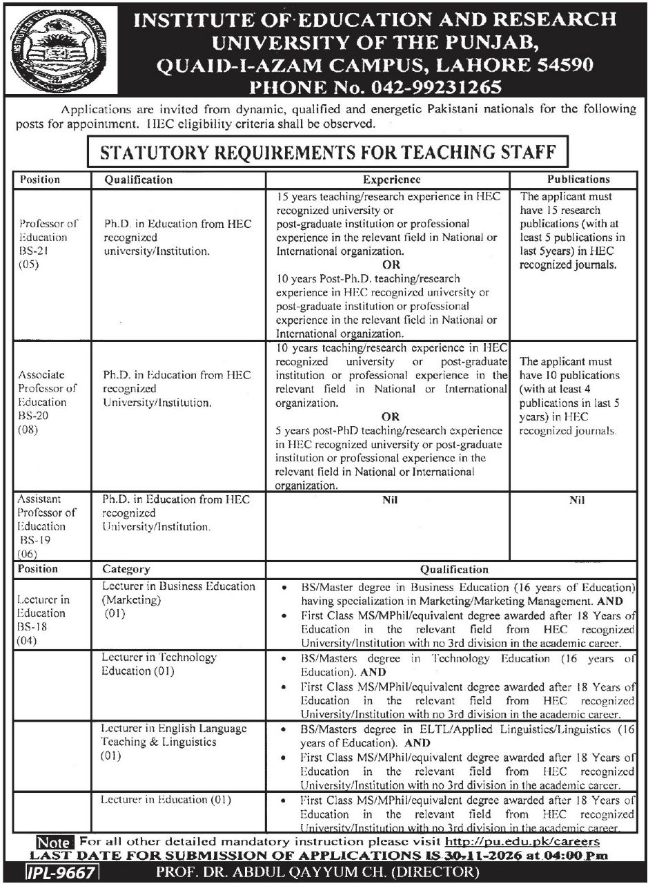 Institute of Education and Research, University of the Punjab, Quaid-i-Azam Campus, Lahore Jobs 2026 – Institute of Education and Research, University of the Punjab, Quaid-i-Azam Campus, Lahore 54590 Jobs 2026 — original newspaper advertisement