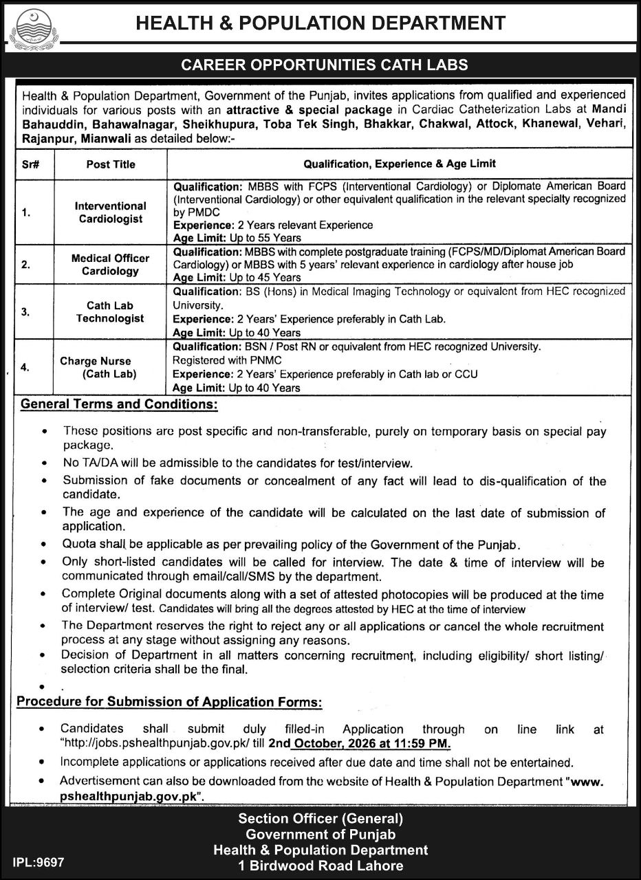 Health & Population Department Jobs 2026 – Health & Population Department, Government of the Punjab Jobs 2026 — original newspaper advertisement