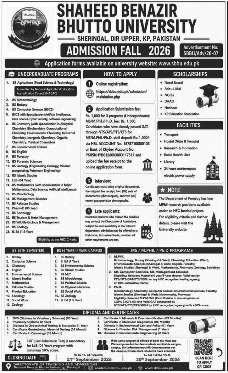 Admission Fall 2026 – Shaheed Benazir Bhutto University (SBBU) Admissions 2026 — original newspaper advertisement