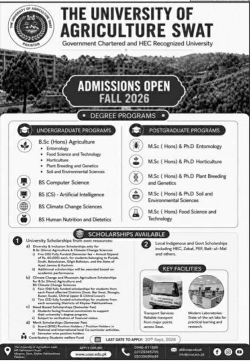 Admissions Open Fall 2026 – The University of Agriculture Swat Admissions 2026 — original newspaper advertisement