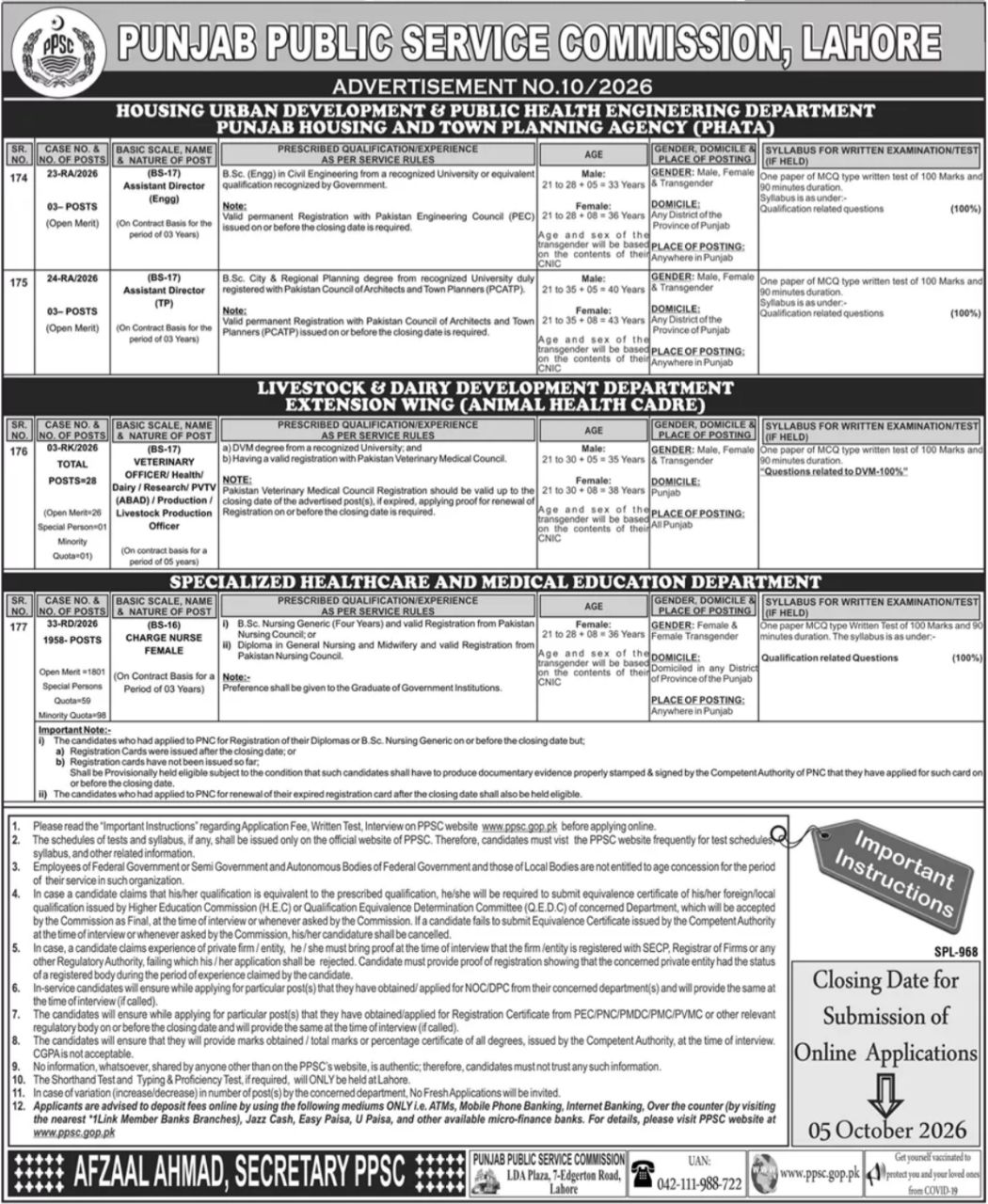 Punjab Public Service Commission (PPSC), Lahore Jobs 10/2026 Jobs 2026 — original newspaper advertisement