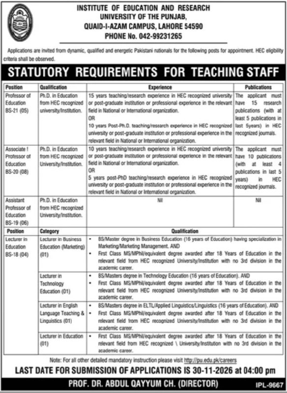 Institute of Education and Research Jobs – Institute of Education and Research, University of the Punjab Jobs 2026 — original newspaper advertisement