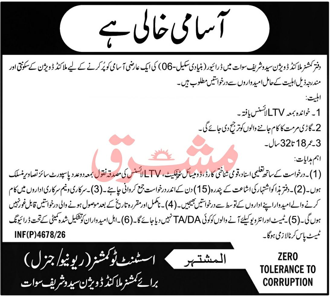Office of Commissioner Malakand Division, Saidu Sharif Swat (Assistant Commissioner Revenue/General, for Commissioner Malakand Division Jobs – Office of Commissioner Malakand Division, Saidu Sharif Swat (Assistant Commissioner Revenue/General, for Commissioner Malakand Division Saidu Sharif Swat) Jobs 2026 — original newspaper advertisement