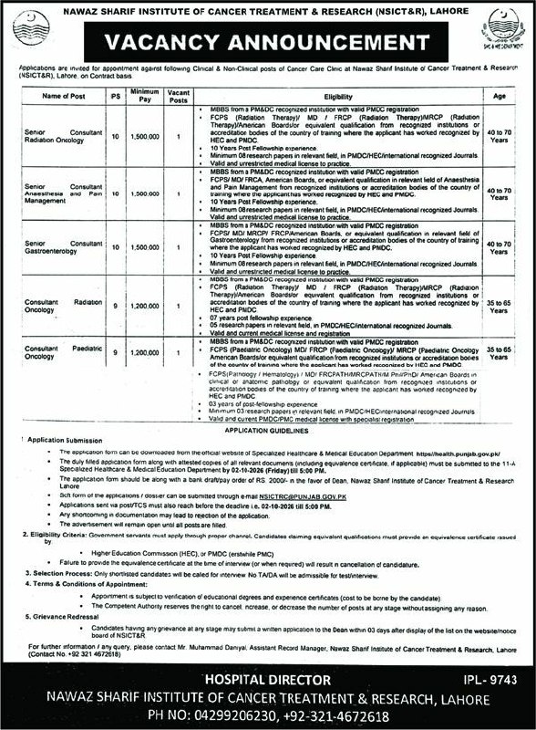 Nawaz Sharif Institute of Cancer Treatment & Research (NSICT&R), Lahore Jobs Jobs 2026 — original newspaper advertisement